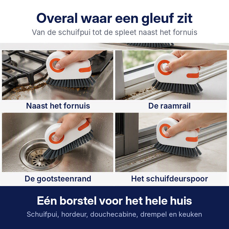 Overal waar een gleuf zit: raamrail, schuifdeurspoor, gootsteenrand en naast het fornuis