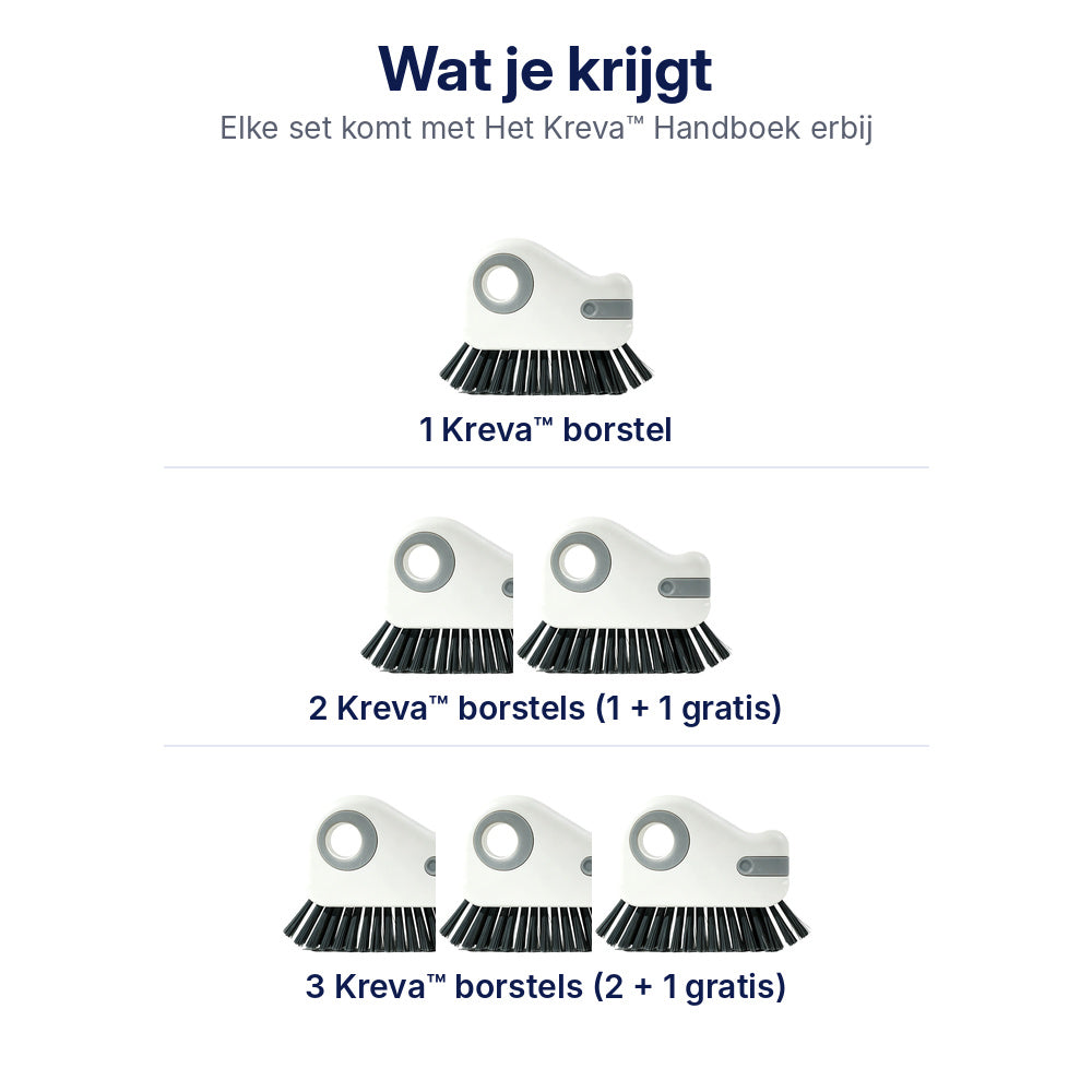 Wat je krijgt: 1, 2 of 3 Kreva borstels met het Kreva Handboek