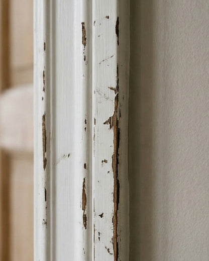 Voor: afgebladderde verf en kaal hout op een witte deurlijst