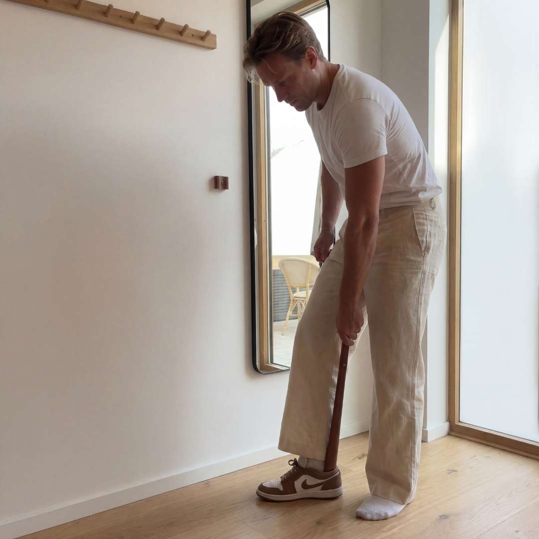 Man trekt rechtop staand zijn schoen aan met de schoenlepel