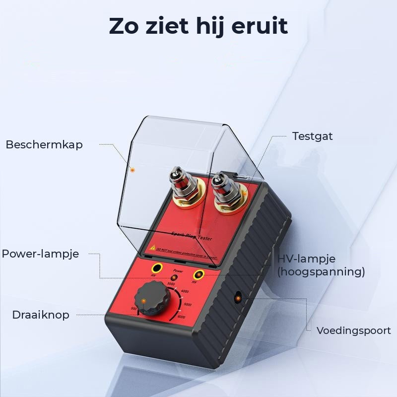 De onderdelen van de Ignivo benoemd: beschermkap, testgat, power-lampje, HV-lampje, draaiknop en voedingspoort