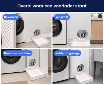 De Sicora opvangbak in bijkeuken, waskast, naast de machine en in de kelder