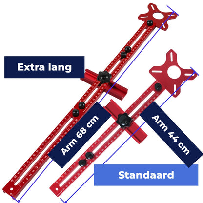 Uitvoeringen naast elkaar: arm 44 cm standaard en arm 68 cm extra lang