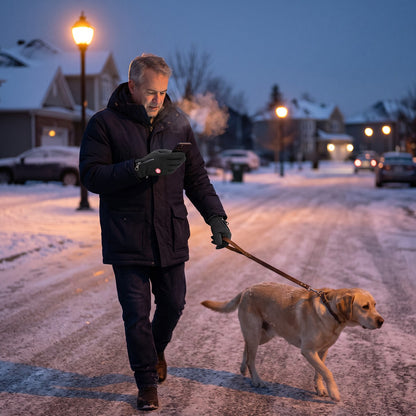 Hond uitlaten in het donker, telefoon in de hand met handschoen aan