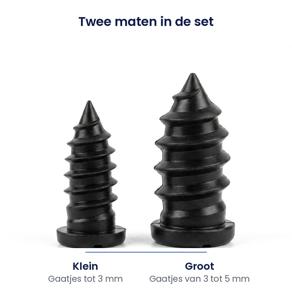 Twee maten in de set: klein voor gaatjes tot 3 mm, groot voor 3 tot 5 mm