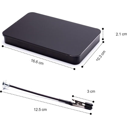 De maten van de Terza klemhouder in centimeters: box 16,6 x 10,3 x 2,1 cm, stokje 12,5 cm, klem 3 cm