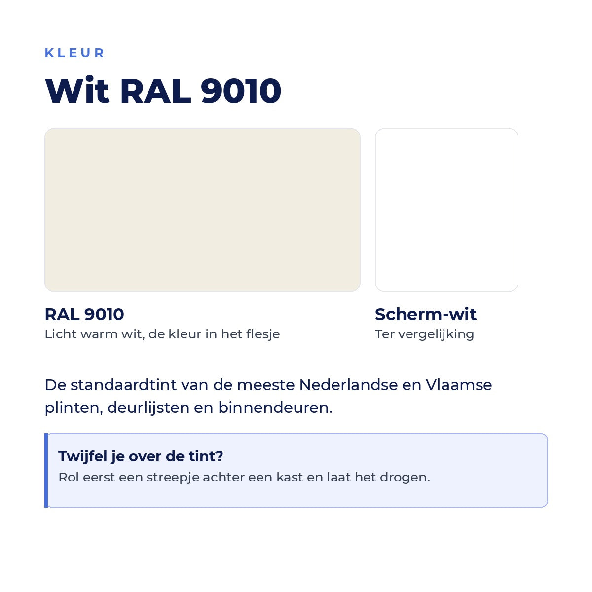 Kleurkaart wit RAL 9010, een licht warm wit, naast scherm-wit ter vergelijking