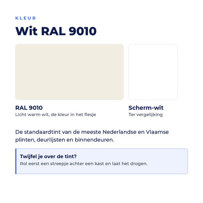 Kleurkaart wit RAL 9010, een licht warm wit, naast scherm-wit ter vergelijking