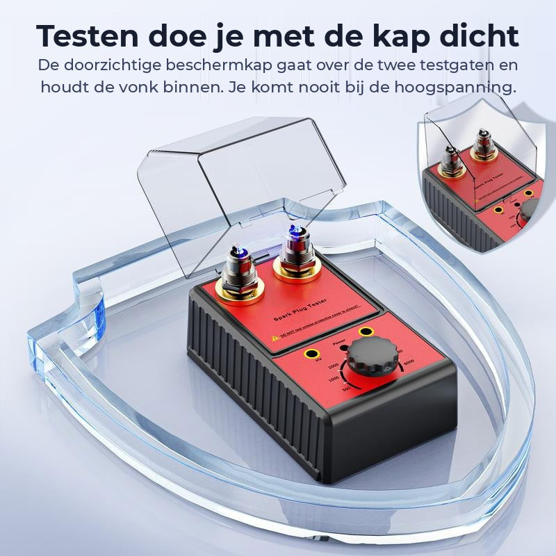 Testen doe je met de kap dicht: de beschermkap houdt de vonk binnen