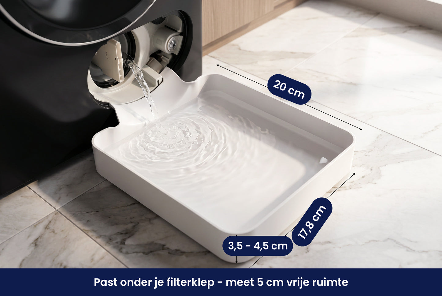 Afmetingen Sicora opvangbak: 20 cm bij 17,8 cm, 3,5 tot 4,5 cm hoog