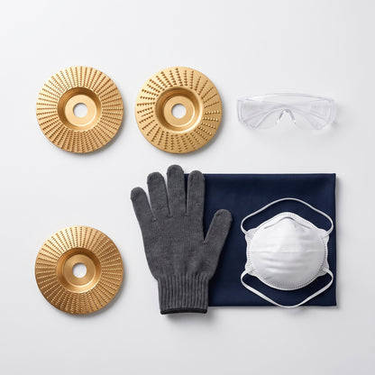 De set met veiligheidsbril, handschoen en stofmasker
