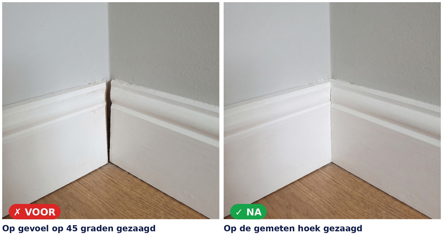 Voor en na: links een plinthoek met een zichtbare kier, rechts dezelfde hoek naadloos dicht