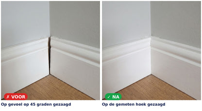 Voor en na: links een plinthoek met een zichtbare kier, rechts dezelfde hoek naadloos dicht