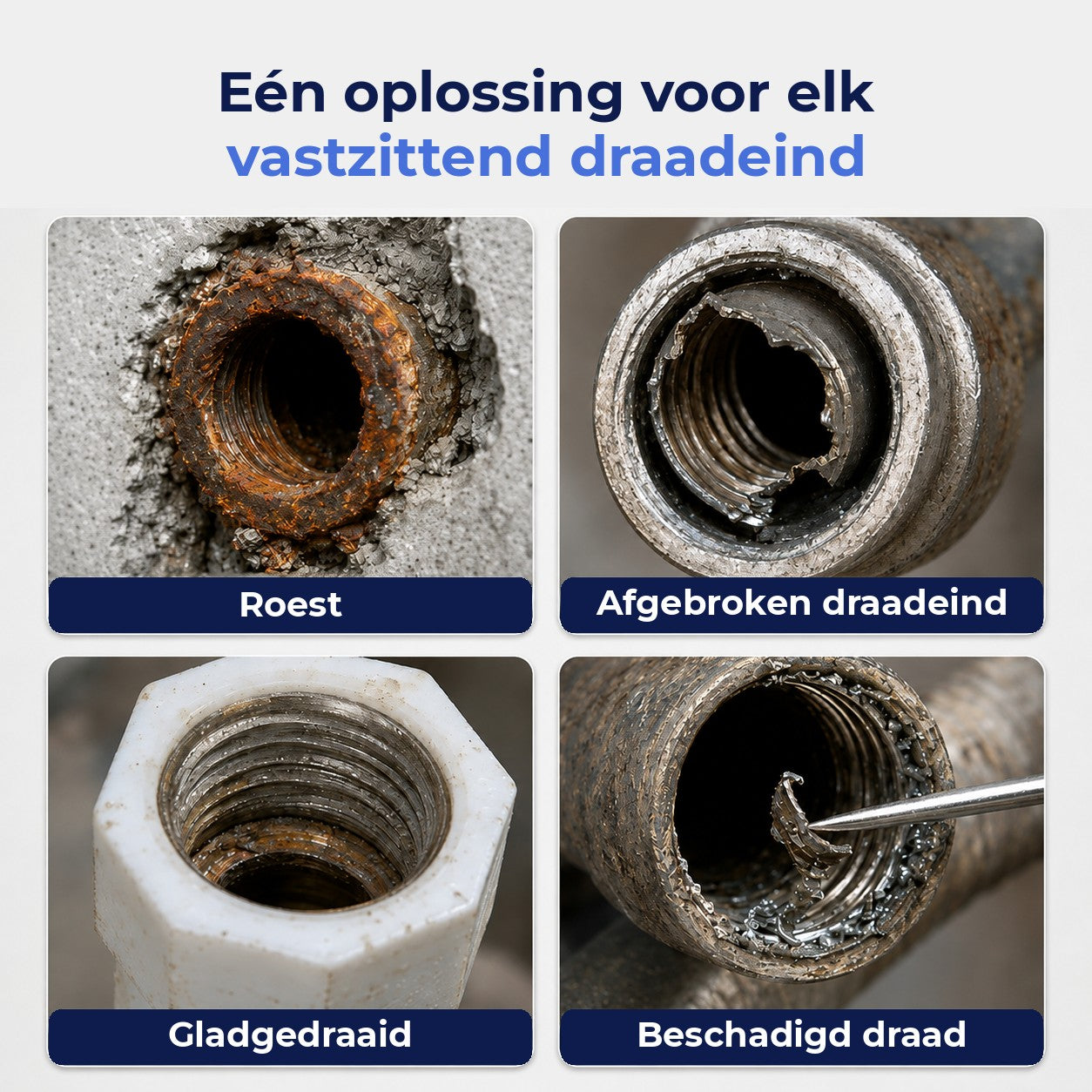 Vier soorten schade: roest, afgebroken draadeind, gladgedraaid en beschadigd draad