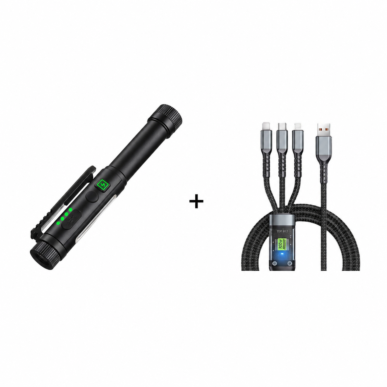 Kelvo werklamp zwart met de 3-in-1 snellaadkabel erbij