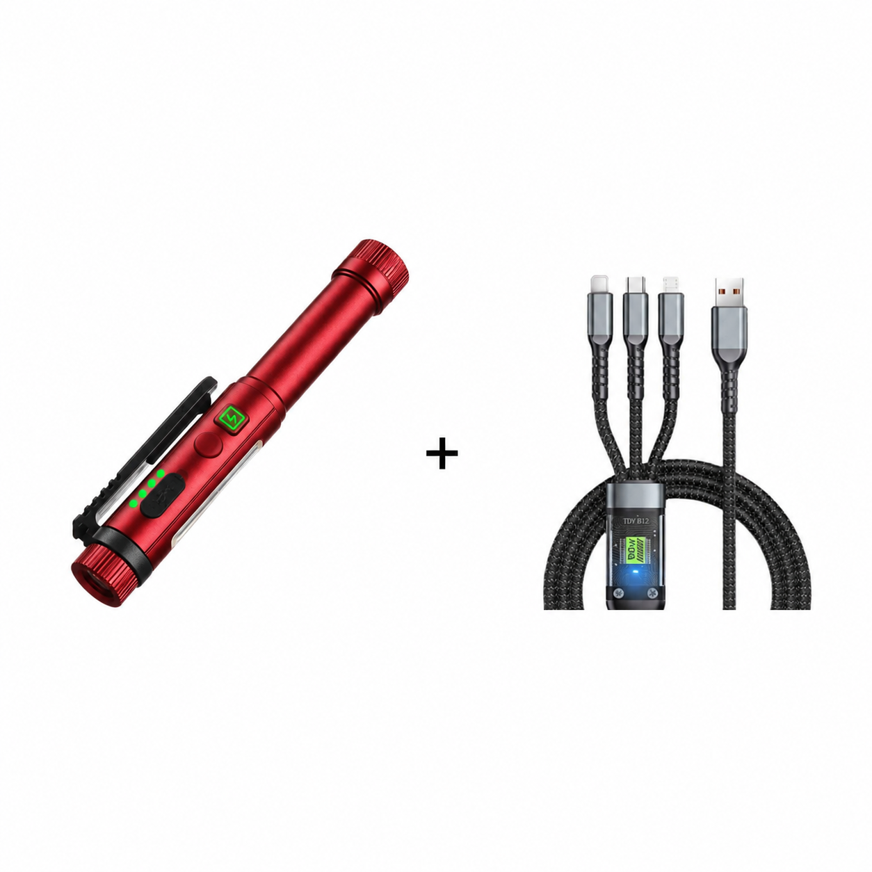 Kelvo werklamp rood met de 3-in-1 snellaadkabel erbij
