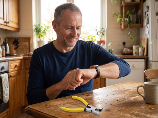 Man aan zijn keukentafel met zijn horloge om: hij hoefde niet meer tussen twee gaatjes te kiezen