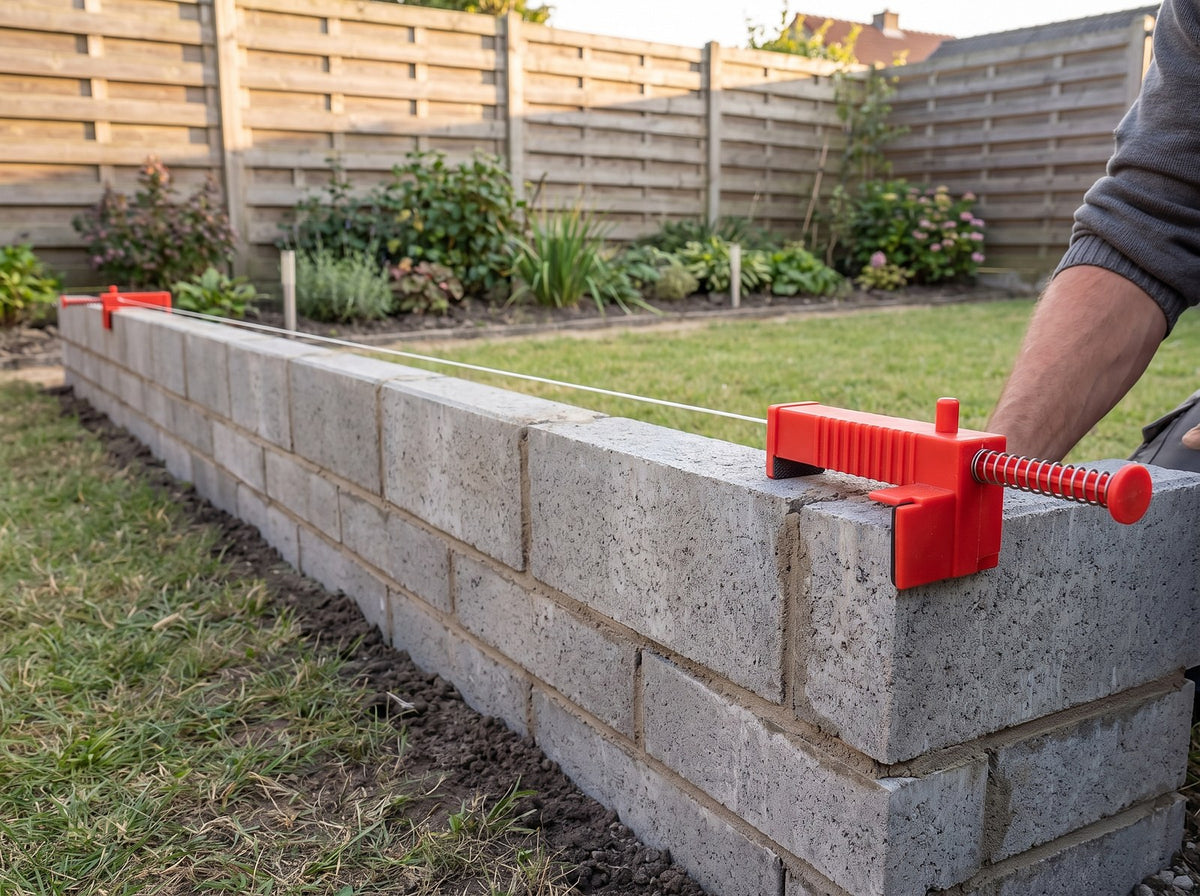 Ashlar - de tuinmuur staat kaarsrecht, koord strak tussen twee klemmen