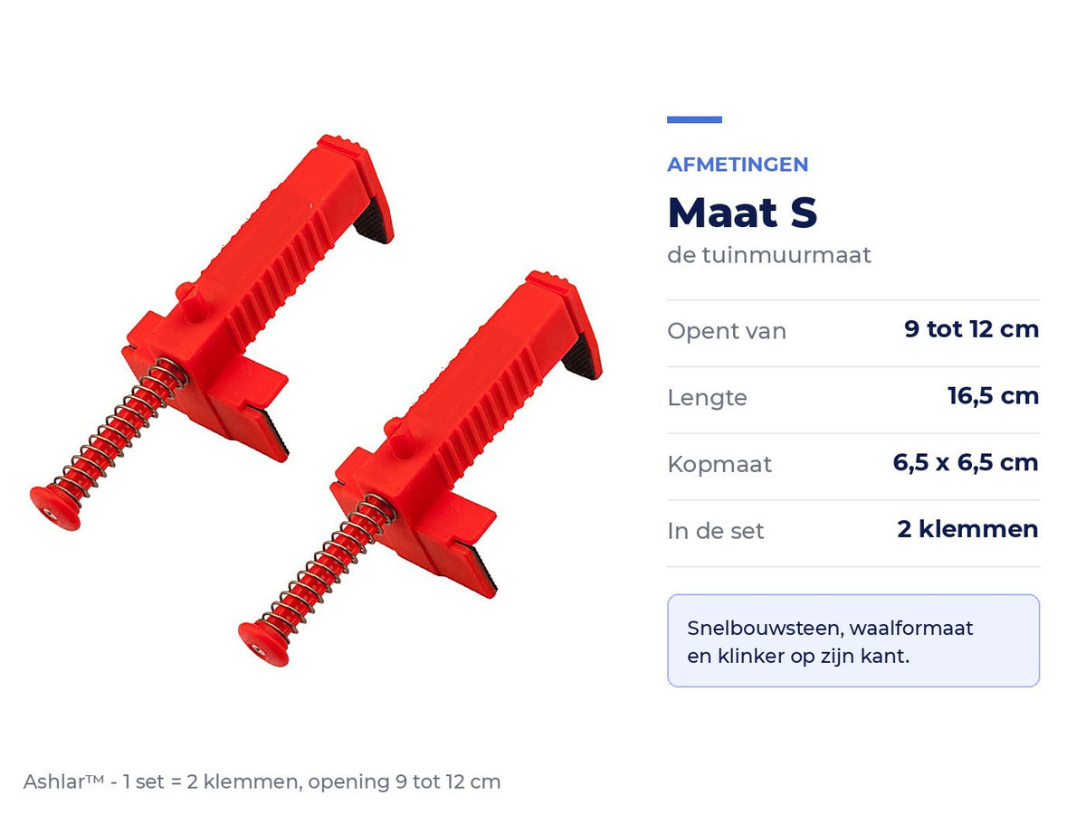 Ashlar afmetingen - opent van 9 tot 12 cm, lengte 16,5 cm, kopmaat 6,5 x 6,5 cm