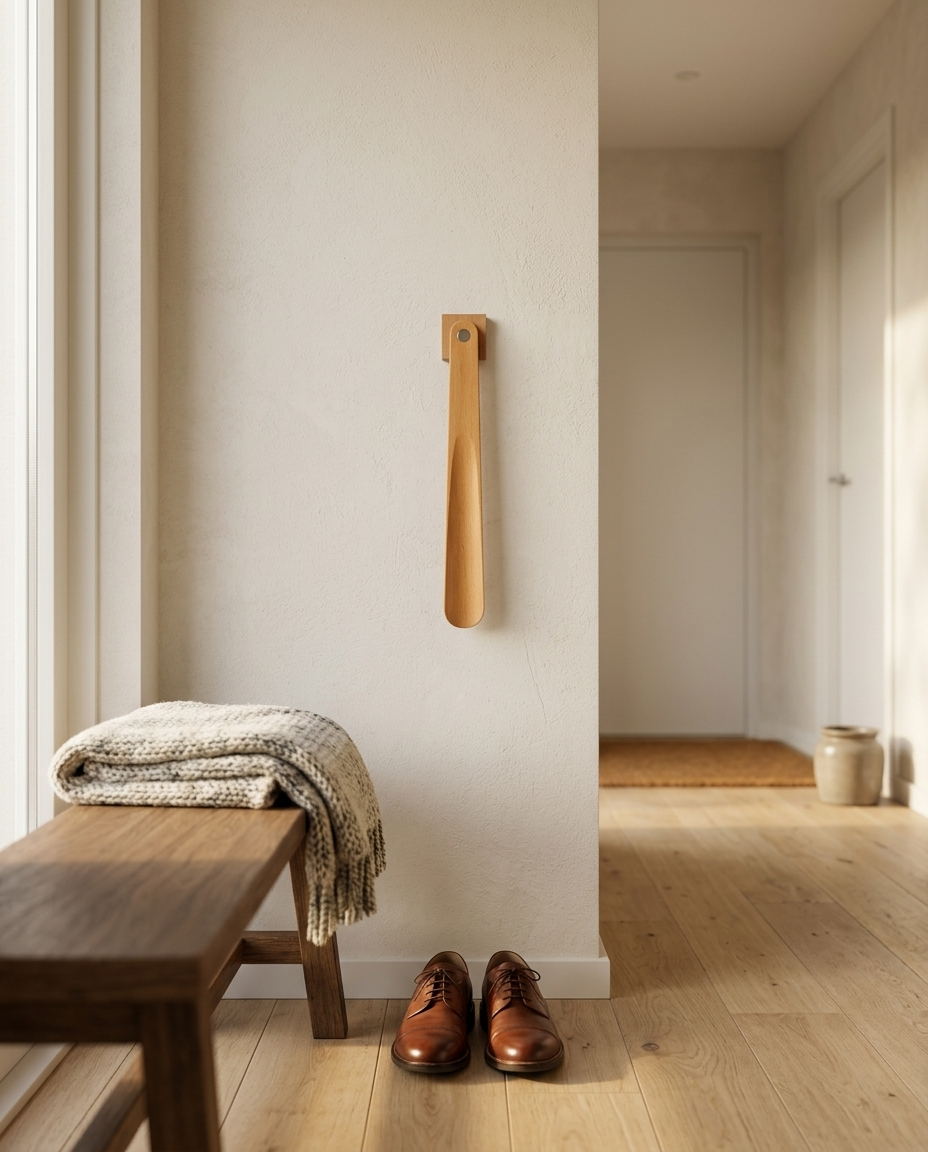 Norvik magnetische schoenlepel in beukenhout aan de muur in een hal