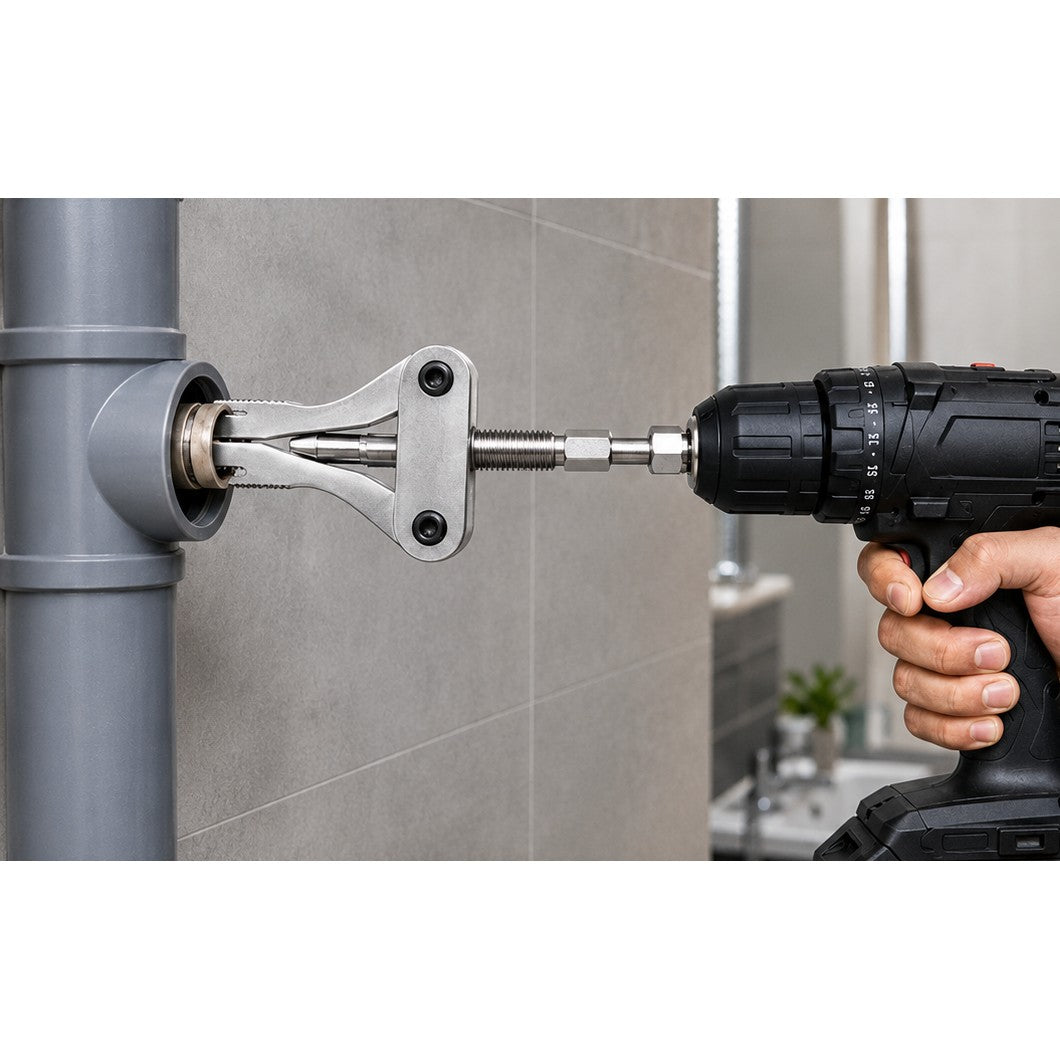Torvex 3-in-1 pijpextractor in actie op een leidingfitting met accuboormachine