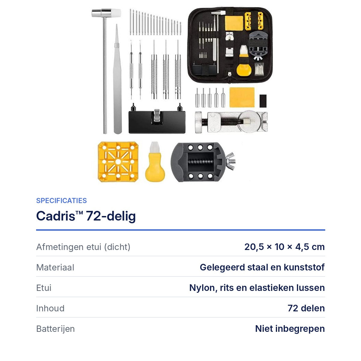 Cadris 72-delige horloge reparatieset, specificaties: etui 20,5 bij 10 bij 4,5 cm, gelegeerd staal en kunststof, 72 delen, batterijen niet inbegrepen