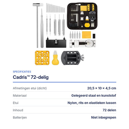 Cadris 72-delige horloge reparatieset, specificaties: etui 20,5 bij 10 bij 4,5 cm, gelegeerd staal en kunststof, 72 delen, batterijen niet inbegrepen