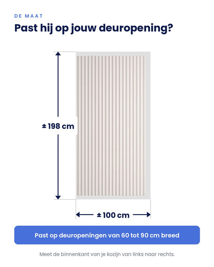 Maatvoering: ongeveer 100 bij 198 cm, past op deuropeningen van 60 tot 90 cm