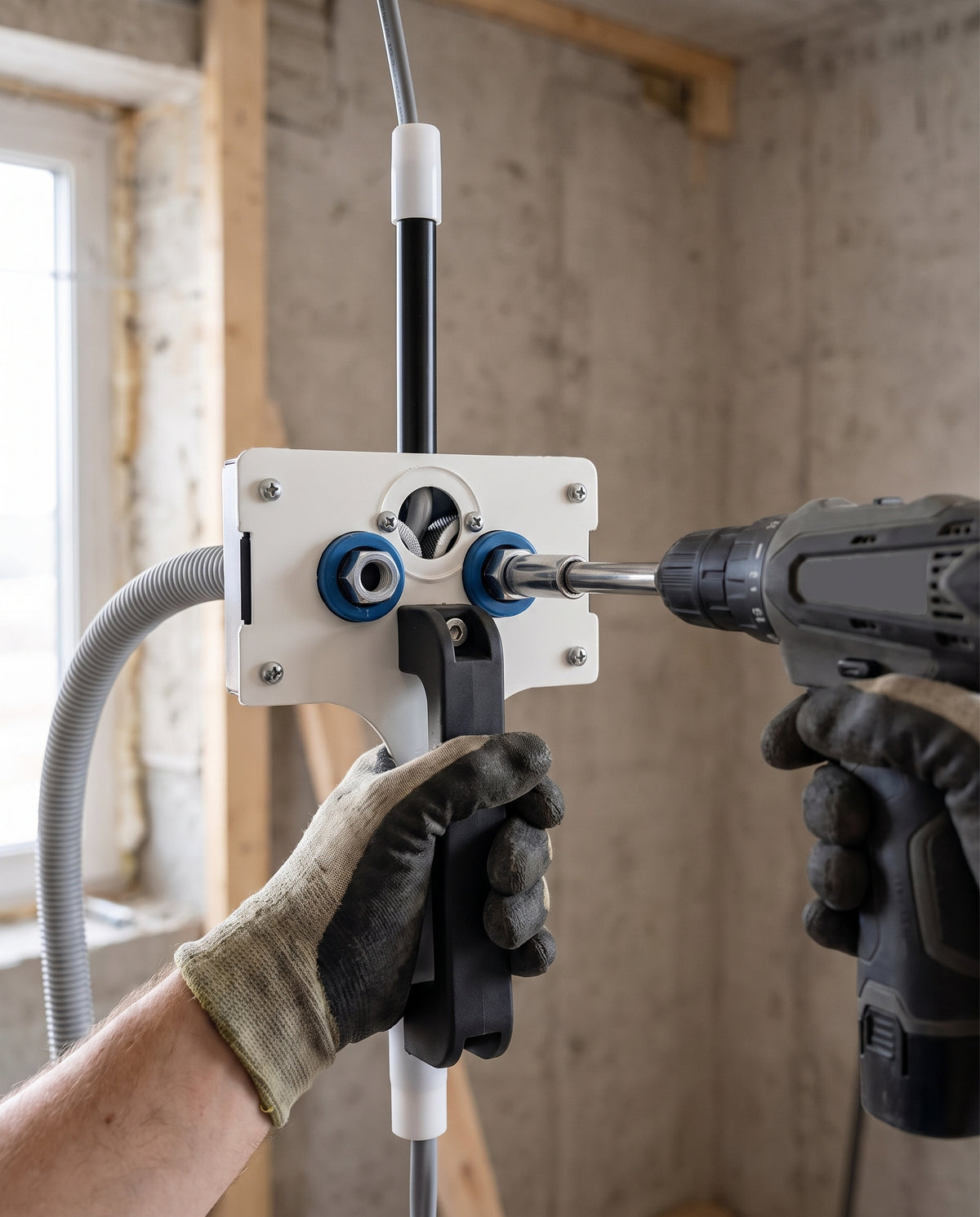 Conduro kabeltrekker met accuschroefmachine op de elektrabuis, kabel gaat door de buis