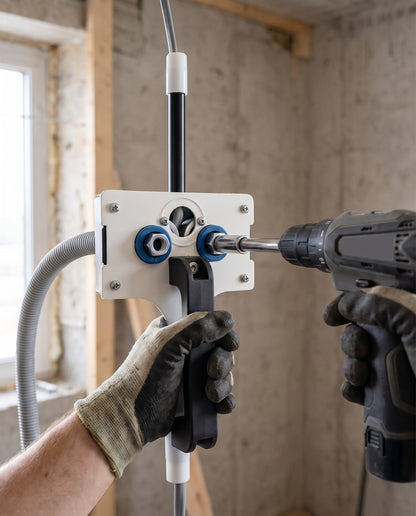 Conduro kabeltrekker met accuschroefmachine op de elektrabuis, kabel gaat door de buis