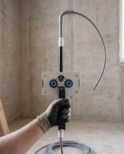 De kabel komt door de haakse bocht aan de andere kant van de buis naar buiten