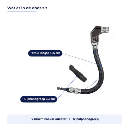 Wat er in de doos zit: de Crux adapter van 31,5 cm en de hulphandgreep van 7,3 cm
