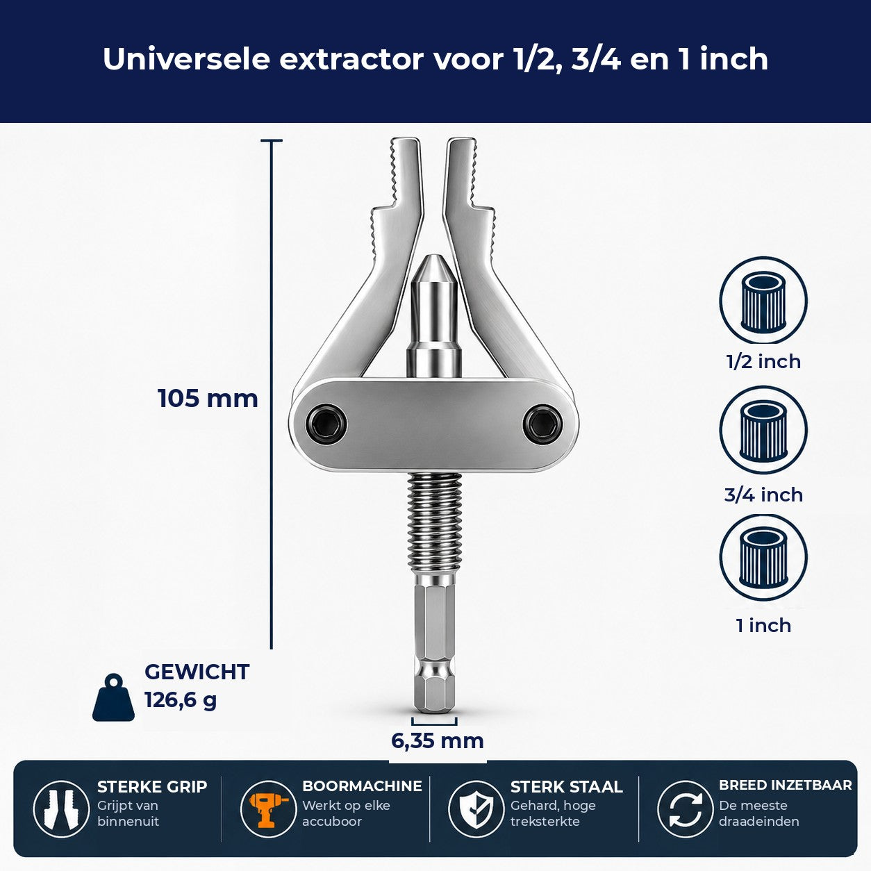 Specificaties: 105 mm, 126,6 g, 6,35 mm hexschacht, maten 1/2, 3/4 en 1 inch