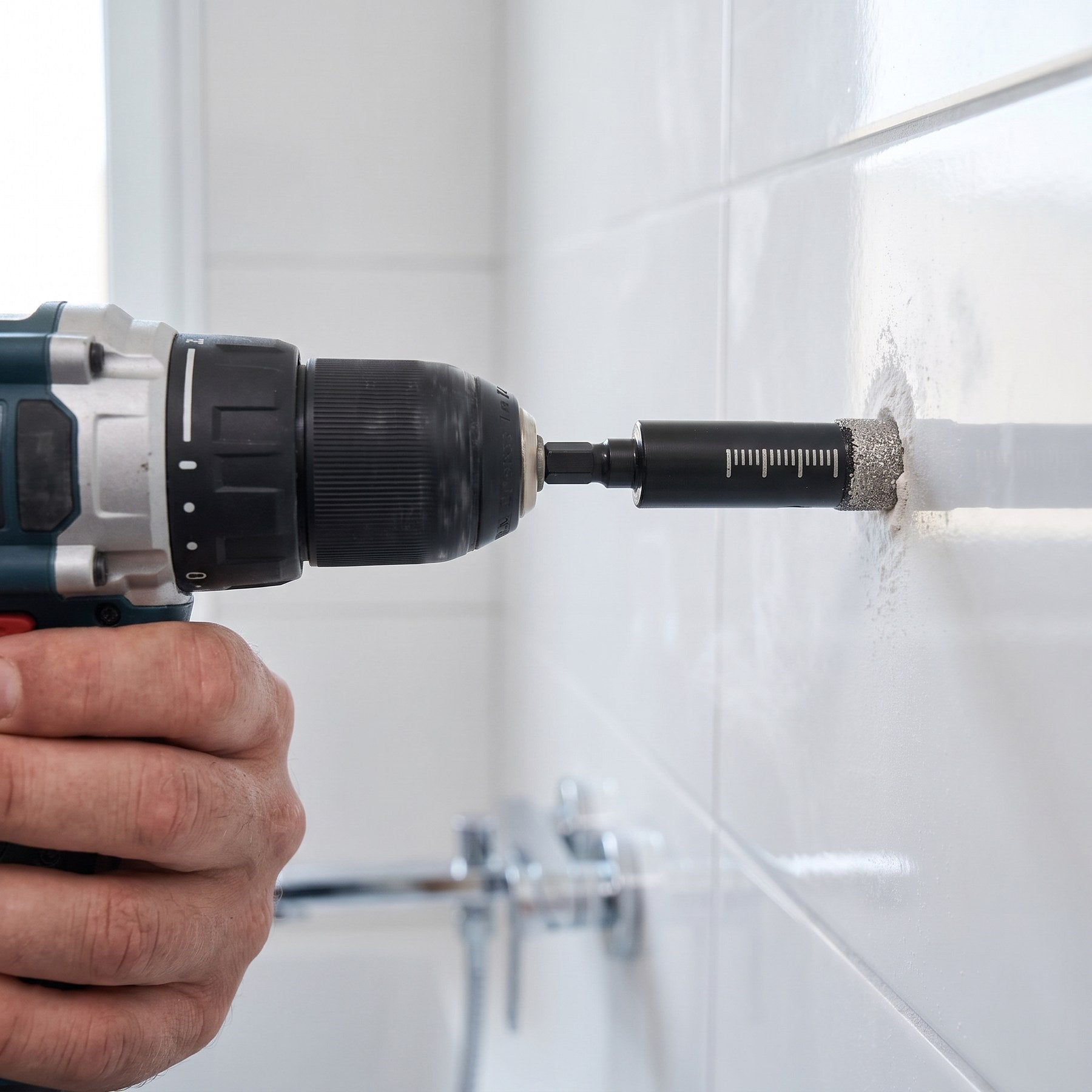 Damaro diamantkroon zet aan op een glanzende porseleinen wandtegel, droog boorstof