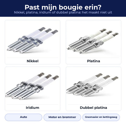 Nikkel, platina, iridium en dubbel platina: geschikt voor auto, motor en grasmaaier