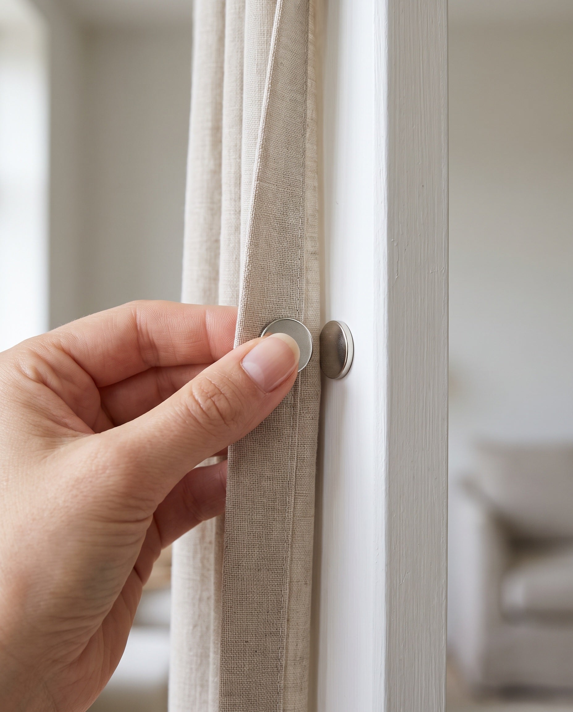 Magneetknoop van dichtbij op de zijrand van het gordijn