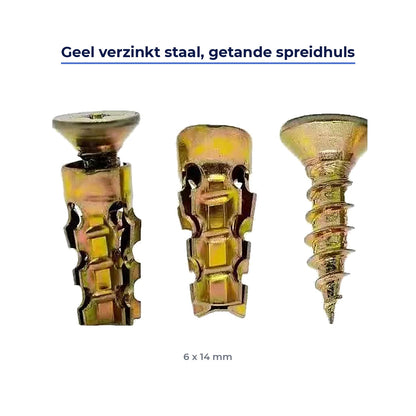 Grivex spreidhuls en schroef in geel verzinkt staal, 6 x 14 mm