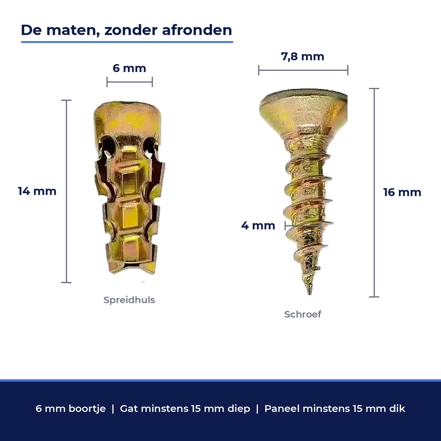 Maten: huls 14 mm, schroef 16 mm, kop 7,8 mm, 6 mm boortje en gat minstens 15 mm diep