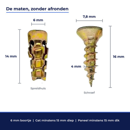 Maten: huls 14 mm, schroef 16 mm, kop 7,8 mm, 6 mm boortje en gat minstens 15 mm diep