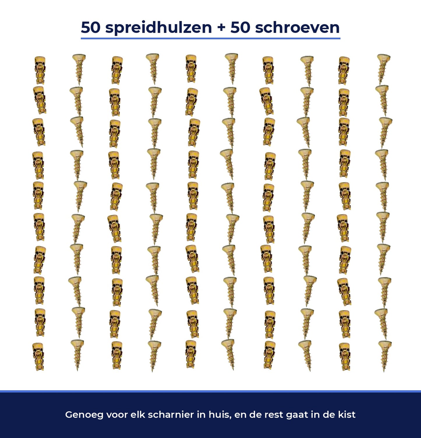 50 spreidhulzen en 50 schroeven, telbaar uitgelegd op wit