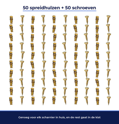 50 spreidhulzen en 50 schroeven, telbaar uitgelegd op wit