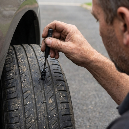 Man draait een Vialo schroefplug in het loopvlak, wiel blijft aan de auto