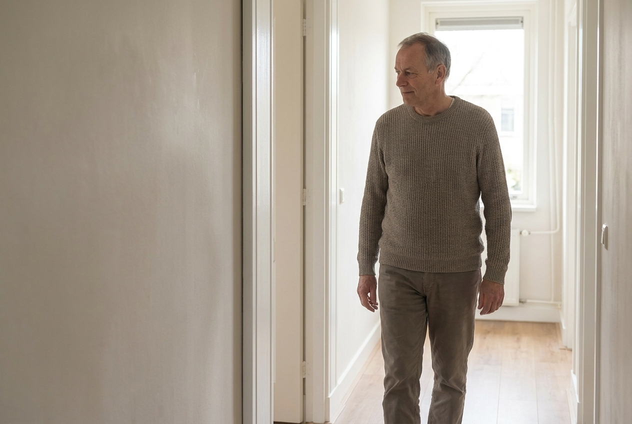 Tevreden gebruiker loopt door zijn gang langs de bijgewerkte deurlijst