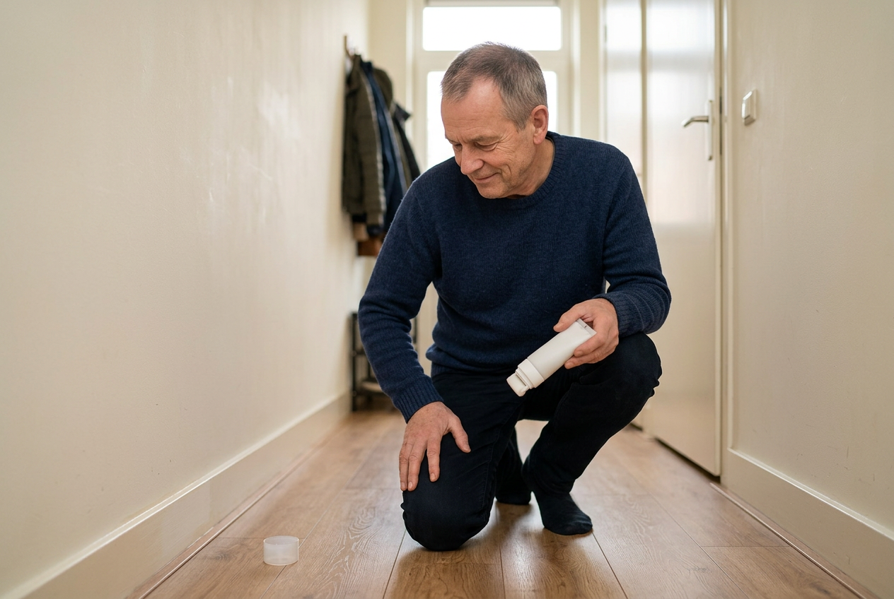 Gebruiker komt overeind bij de bijgewerkte plint, het flesje in zijn hand
