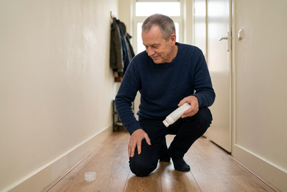 Gebruiker komt overeind bij de bijgewerkte plint, het flesje in zijn hand