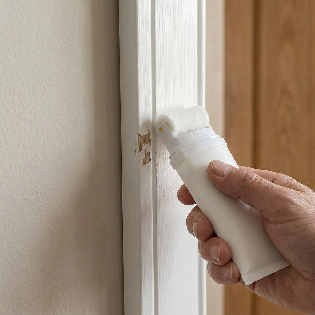 Eenhandig een schaafplek op een witte deurlijst bijwerken met de roller op de dop