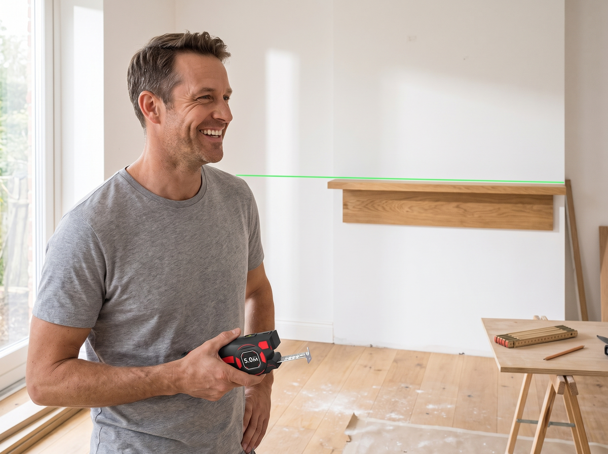 Klusser met de Linvo in de hand bij een kaarsrecht opgehangen plank