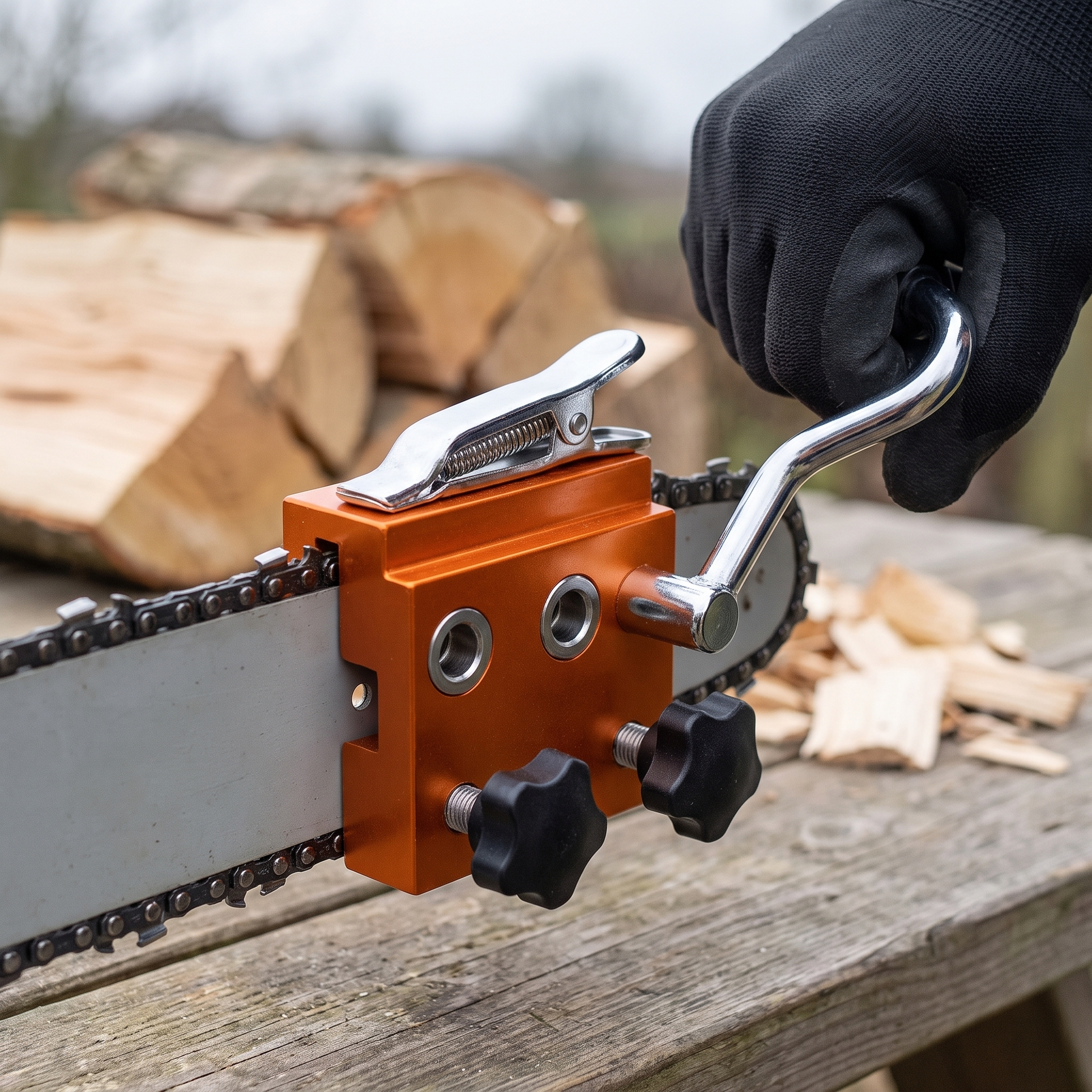 Mordax kettingslijper geklemd op het zwaard van een kettingzaag, hand aan de slinger