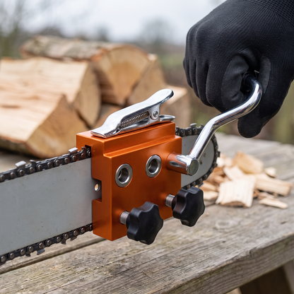 Mordax kettingslijper geklemd op het zwaard van een kettingzaag, hand aan de slinger
