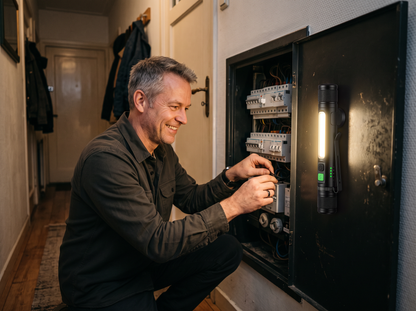Man werkt met twee handen in de meterkast terwijl de Kelvo werklamp op de kastdeur hangt te schijnen